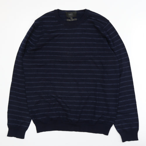Marks and Spencer Men's Blue Striped Merino Blend Jumper L