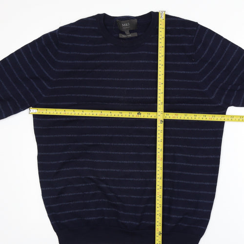 Marks and Spencer Men's Blue Striped Merino Blend Jumper L