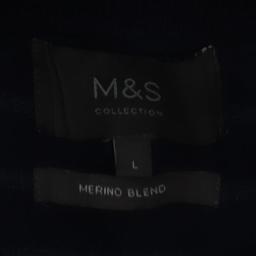 Marks and Spencer Men's Blue Striped Merino Blend Jumper L