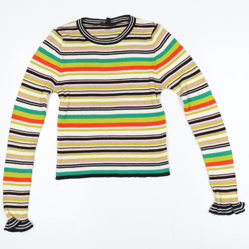 Topshop Women’s Multicoloured Striped Ribbed Knit Long Sleeve Ringer Top Size 10