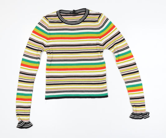Topshop Women’s Multicoloured Striped Ribbed Knit Long Sleeve Ringer Top Size 10