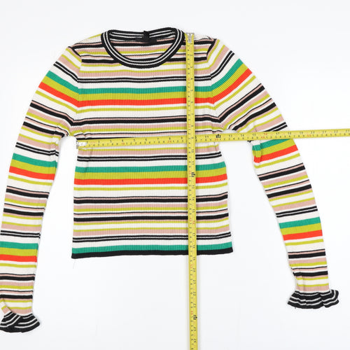 Topshop Women’s Multicoloured Striped Ribbed Knit Long Sleeve Ringer Top Size 10