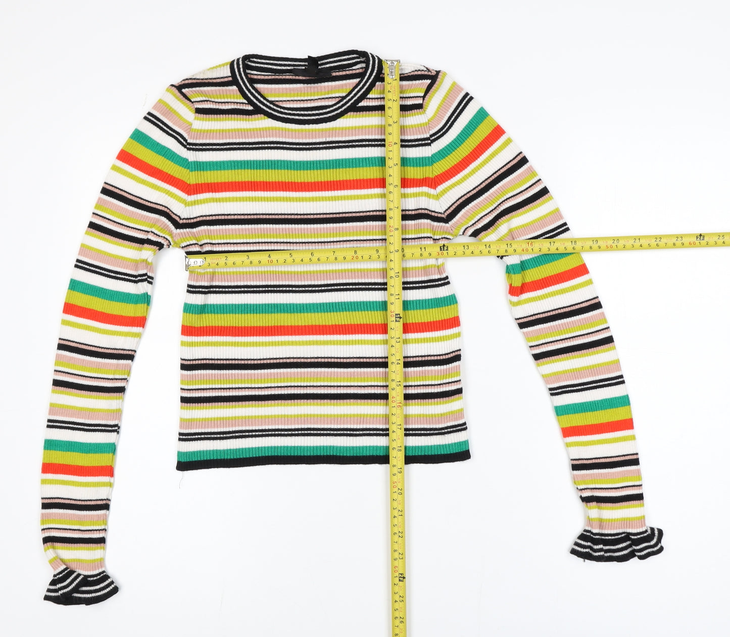 Topshop Women’s Multicoloured Striped Ribbed Knit Long Sleeve Ringer Top Size 10