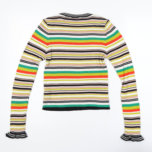 Topshop Women’s Multicoloured Striped Ribbed Knit Long Sleeve Ringer Top Size 10