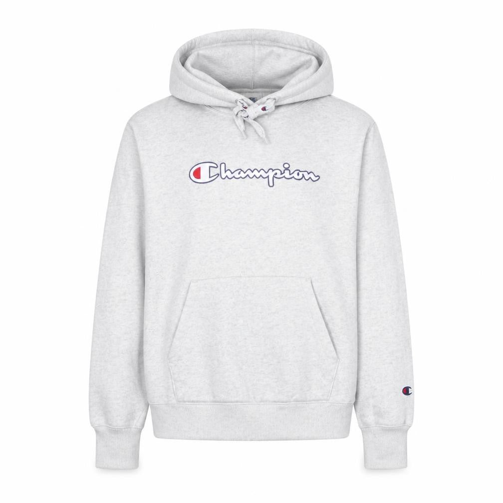 Front view of Champion Men's Grey Small Pullover Hoodie with Logo Print