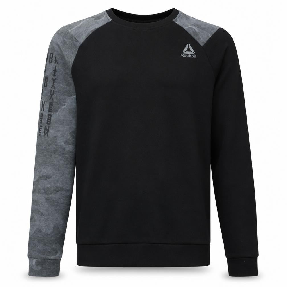 Front view of Reebok Men's Black Camouflage Sleeve Crew Neck Sweatshirt S
