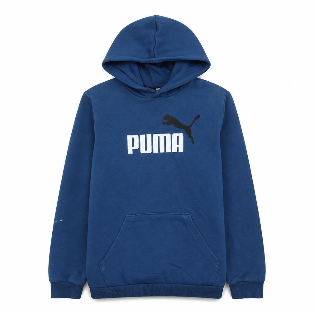 Front view of Puma boys’ blue pullover hoodie 15-16 years regular fit logo sweatshirt