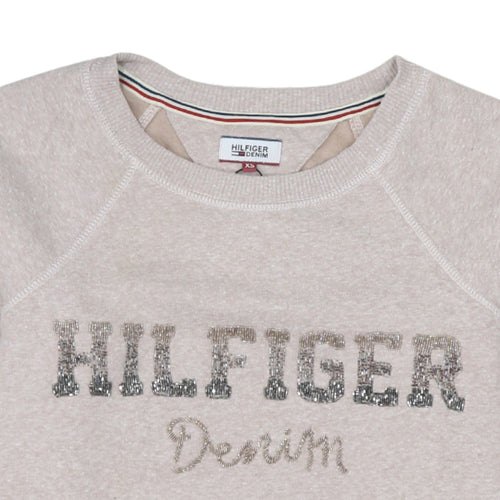 Tommy Hilfiger Denim Womens Beige XS Sequin Logo Pullover Sweatshirt
