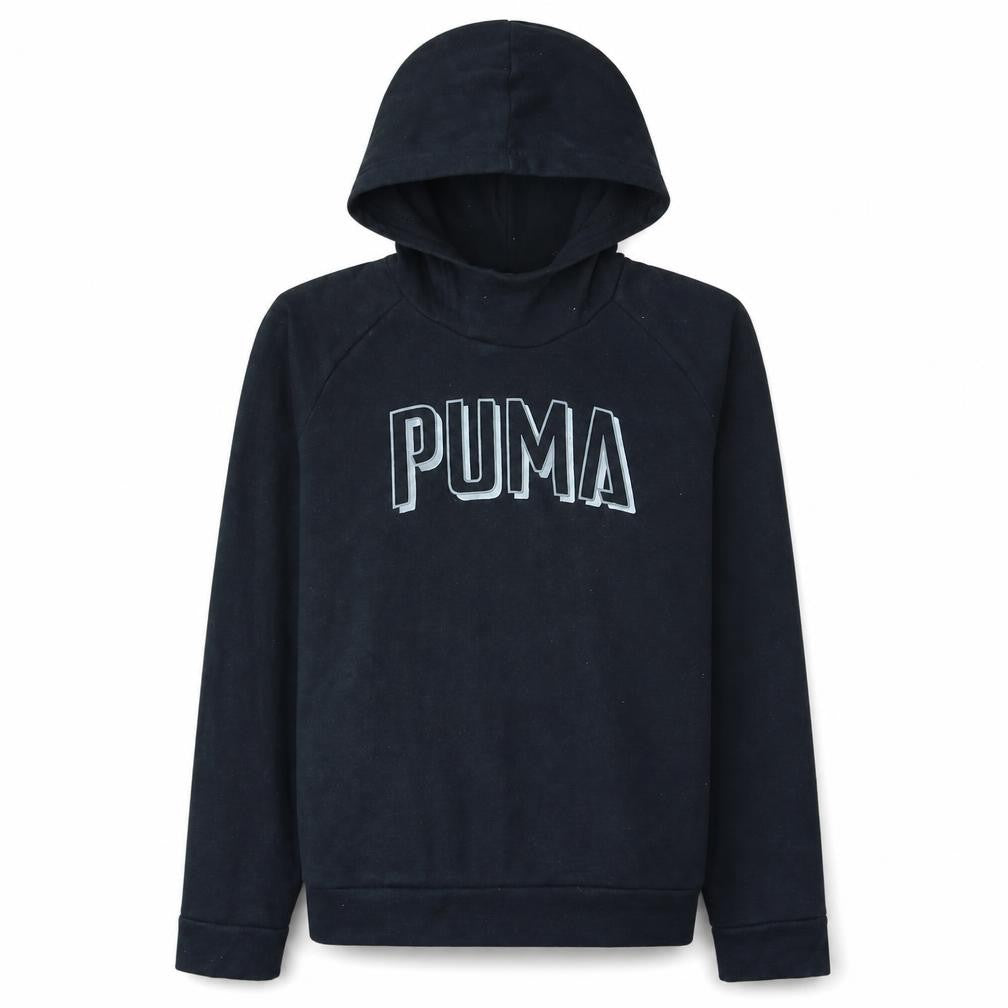 Front view of PUMA Men's Black Pullover Hoodie M Logo Fleece Sweatshirt