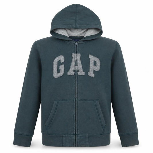 Front view of Gap Kids boys’ blue full zip hoodie 13 years classic fleece sweatshirt