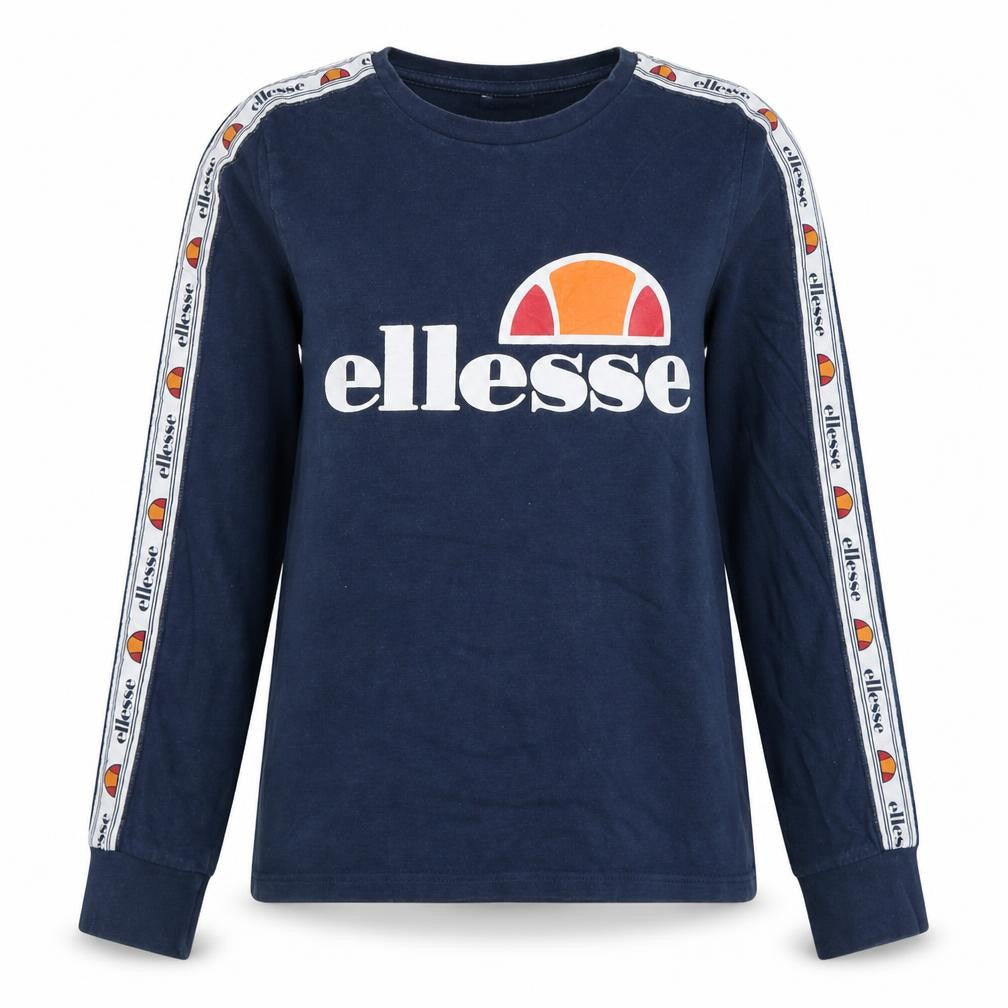 Front view of Ellesse women’s navy blue logo pullover sweatshirt uk 10 cotton long sleeve