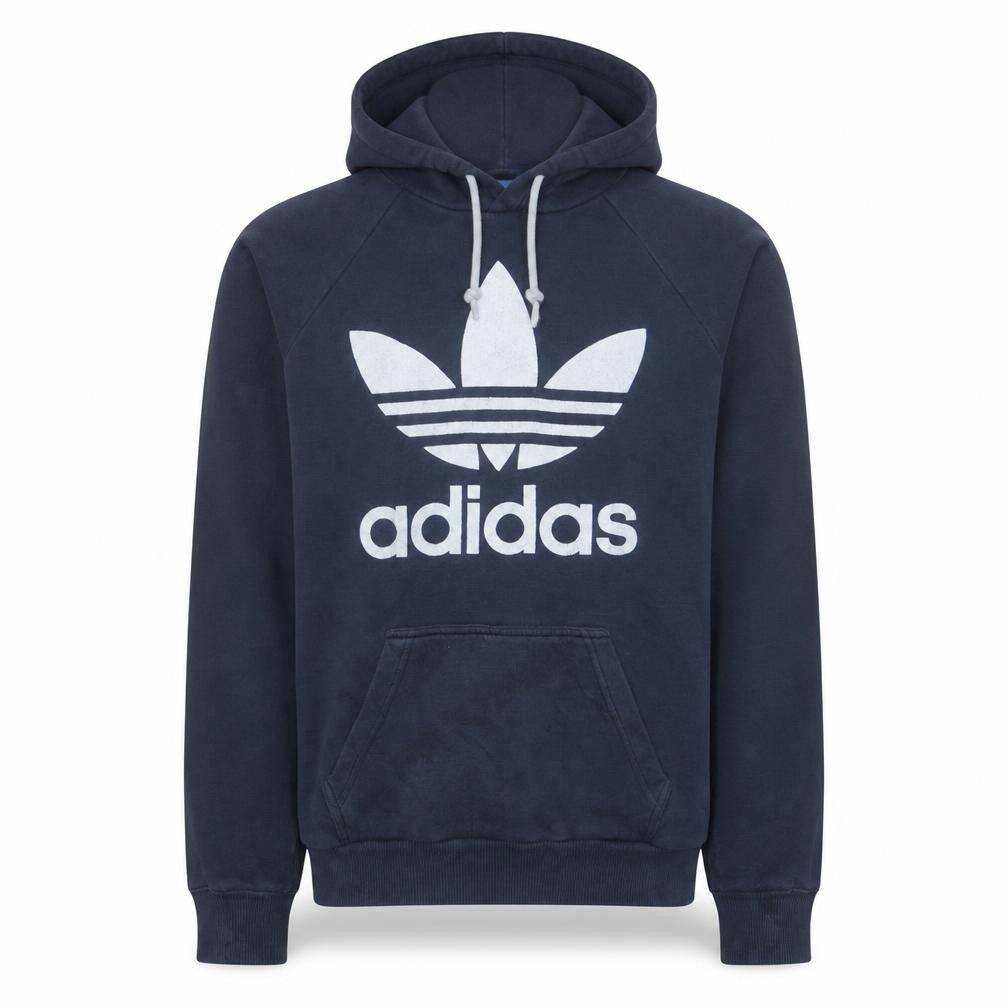 Front view of Adidas Men's Blue XS Pullover Hoodie Graphic Trefoil Sweatshirt
