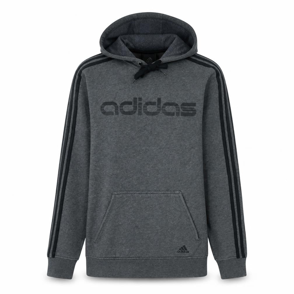 Front view of Adidas Men's Grey Pullover Hoodie Small Logo Fleece Sweatshirt