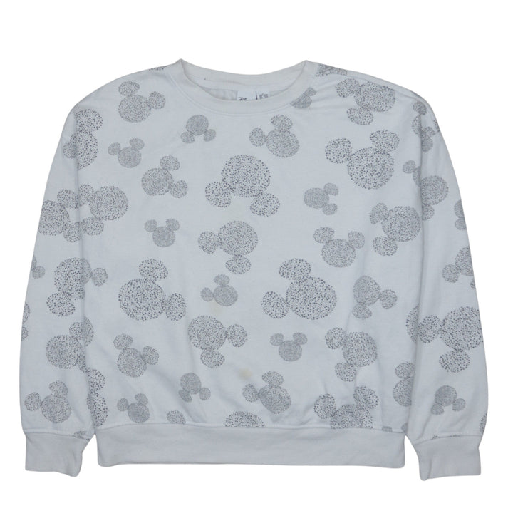 Disney Women White Mickey Print Sweatshirt UK 12/14 Crew Neck Cotton