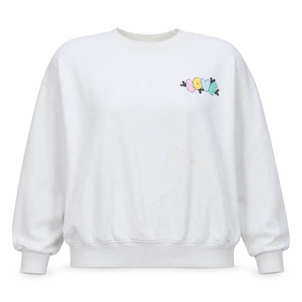 Front view of Disney Women White Love Mickey & Minnie Crew Neck Pullover Sweatshirt S