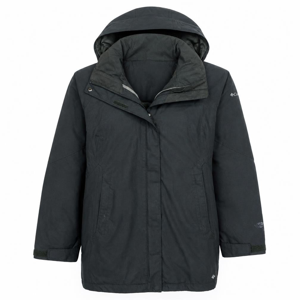 Front view of Columbia women’s green waterproof interchange 3-in-1 hooded jacket, size M