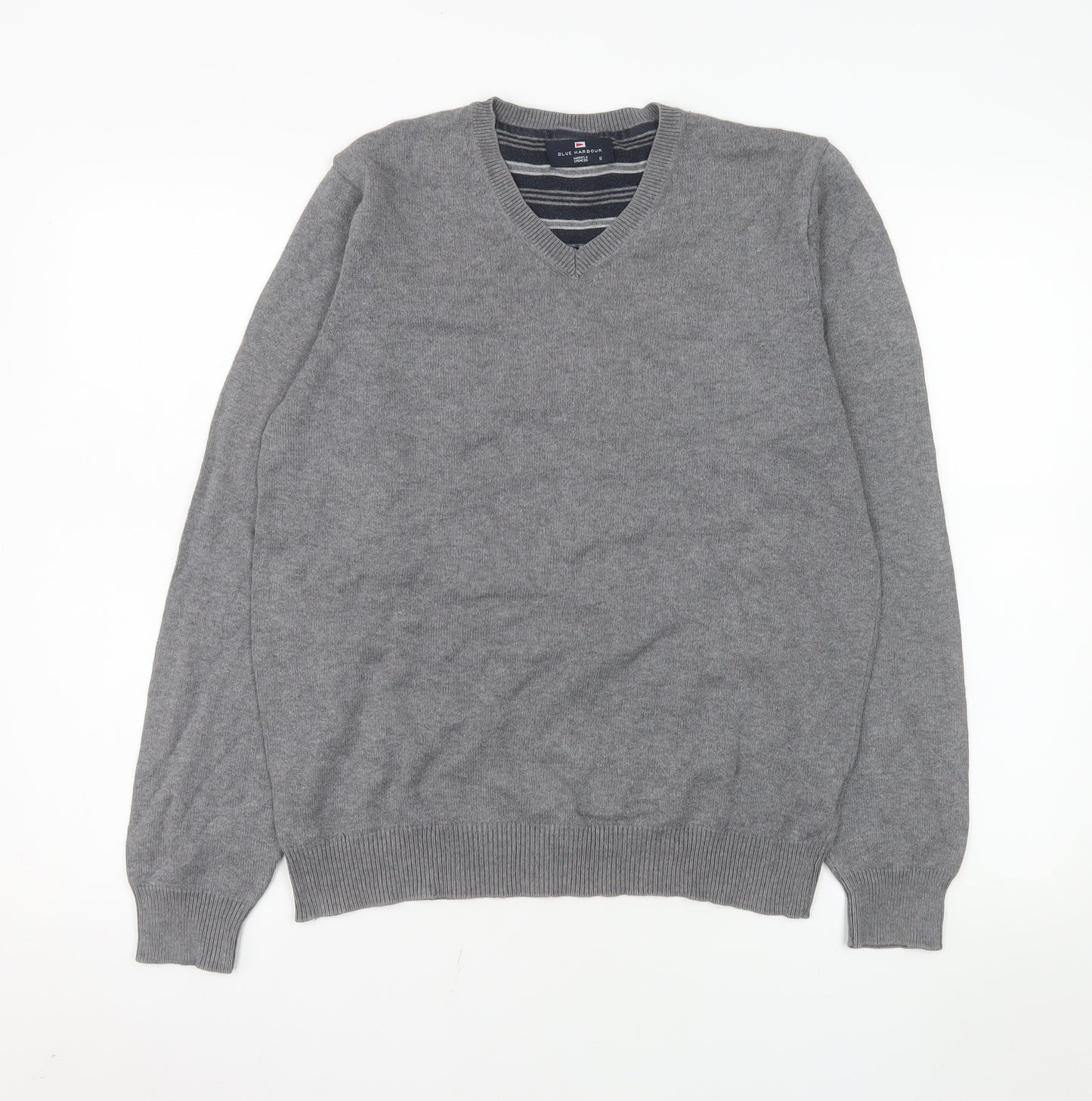Marks and Spencer Blue Harbour Men's Grey Cotton V-Neck Jumper Size S