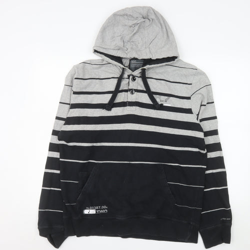 Next Men's Grey Striped Henley Hoodie L Cotton Casual Sweatshirt