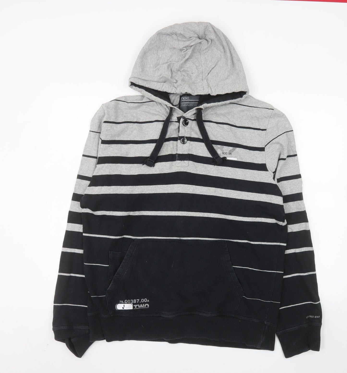 Next Men's Grey Striped Henley Hoodie L Cotton Casual Sweatshirt