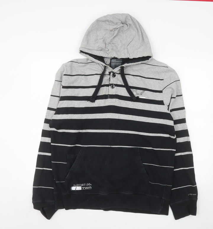 Next Men's Grey Striped Henley Hoodie L Cotton Casual Sweatshirt