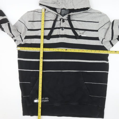 Next Men's Grey Striped Henley Hoodie L Cotton Casual Sweatshirt
