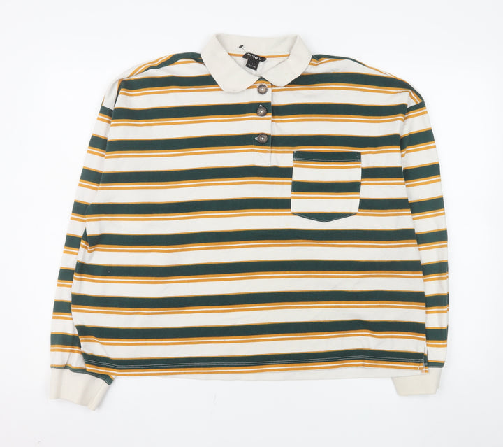 Monki Women’s Multicoloured Striped Collared Long Sleeve Polo Top L