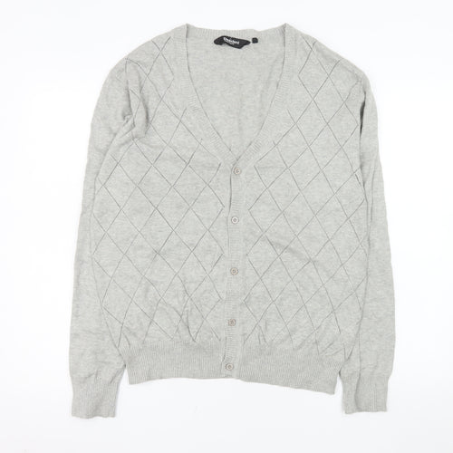 Dissident Men's Grey Argyle Cotton Cardigan Medium V-Neck Knit Jumper