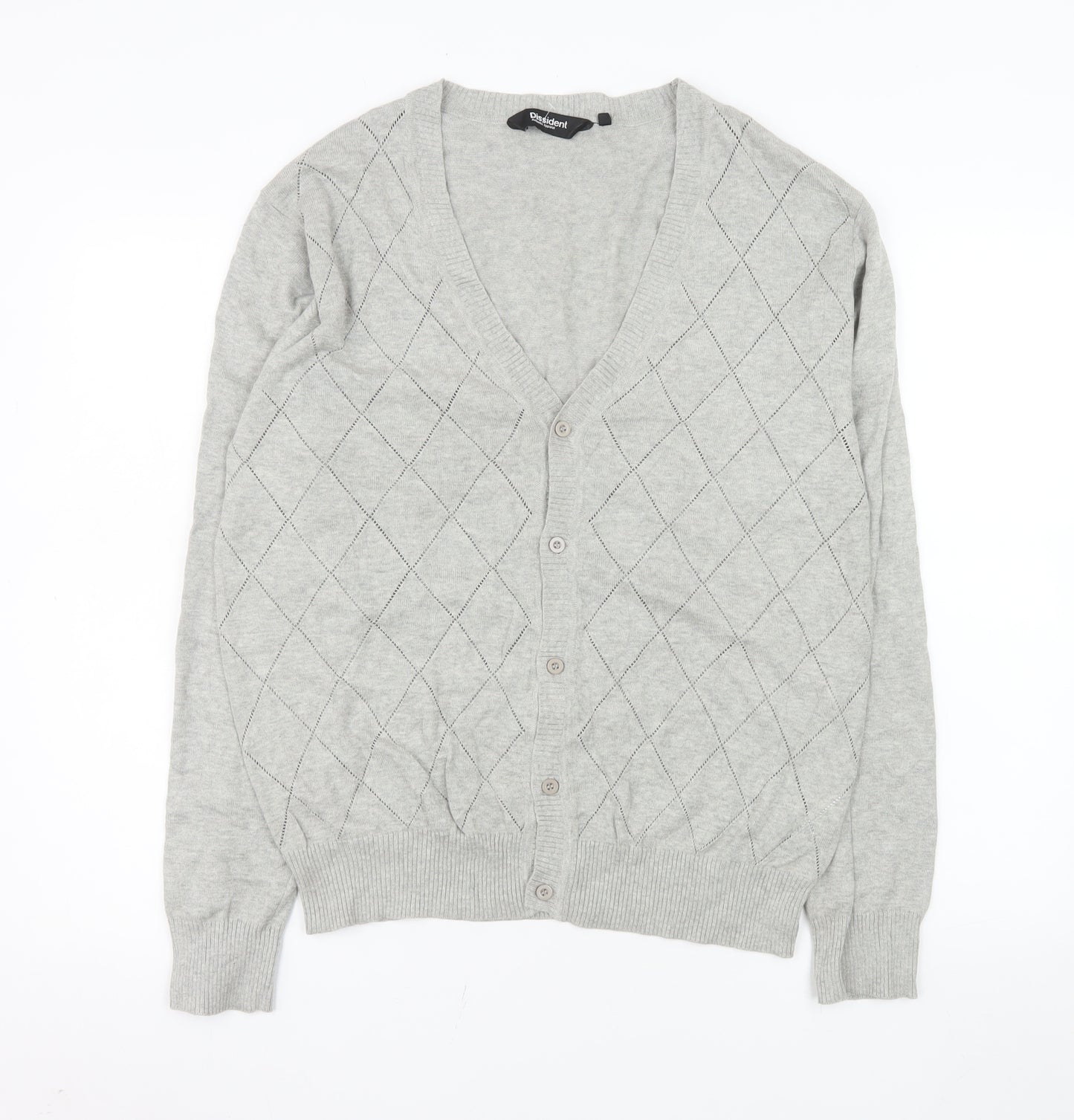 Dissident Men's Grey Argyle Cotton Cardigan Medium V-Neck Knit Jumper
