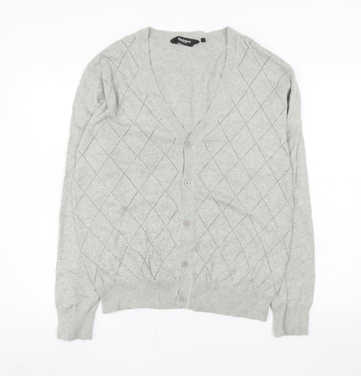 Dissident Men's Grey Argyle Cotton Cardigan Medium V-Neck Knit Jumper