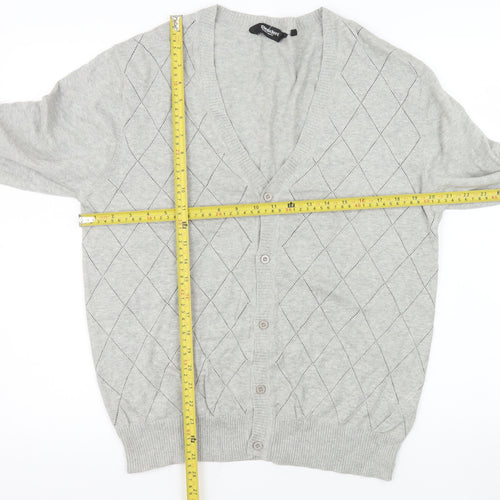 Dissident Men's Grey Argyle Cotton Cardigan Medium V-Neck Knit Jumper