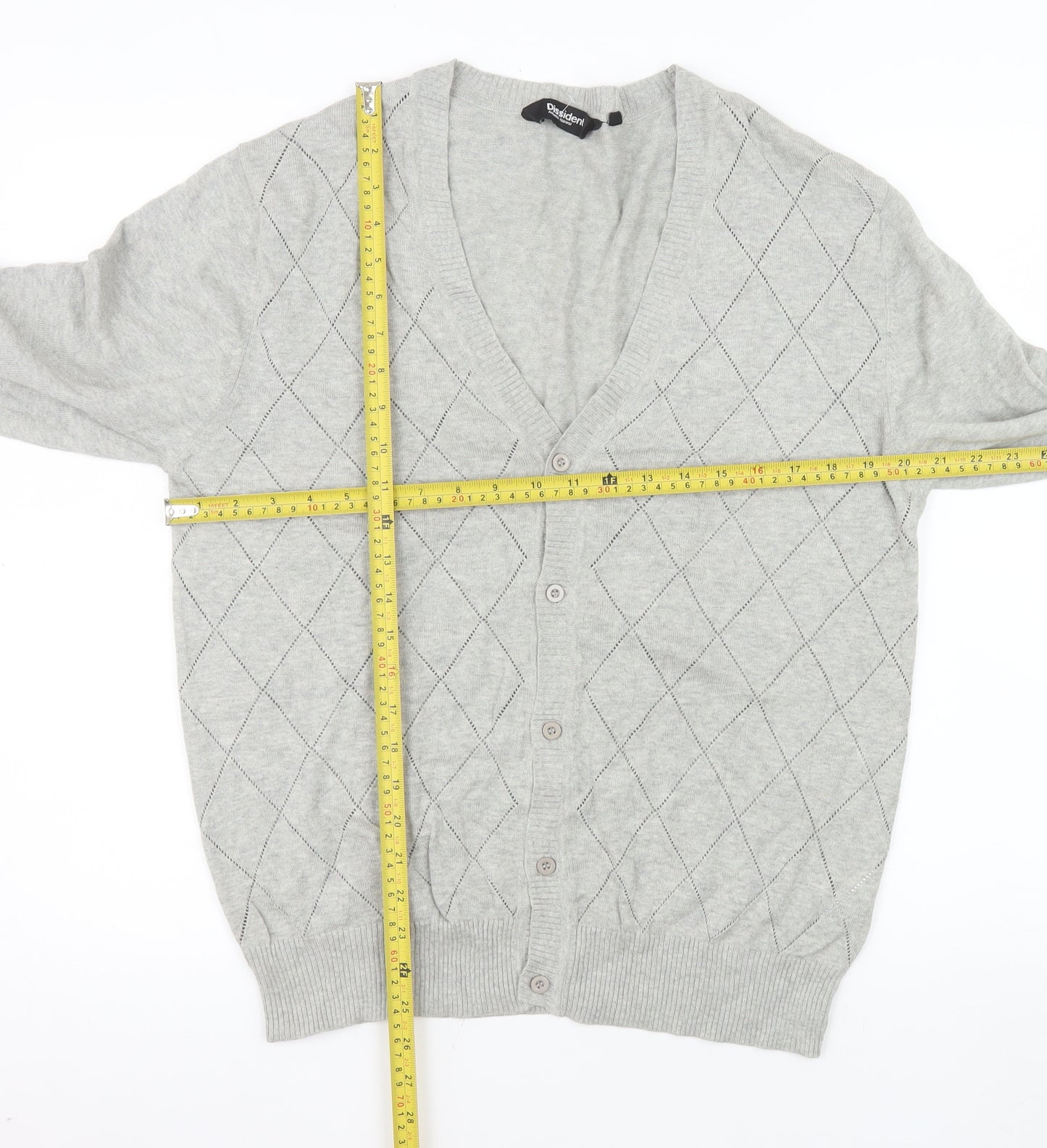 Dissident Men's Grey Argyle Cotton Cardigan Medium V-Neck Knit Jumper