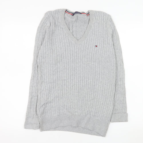 Tommy Hilfiger Men’s Grey XL V-Neck Cable Knit Cotton Jumper