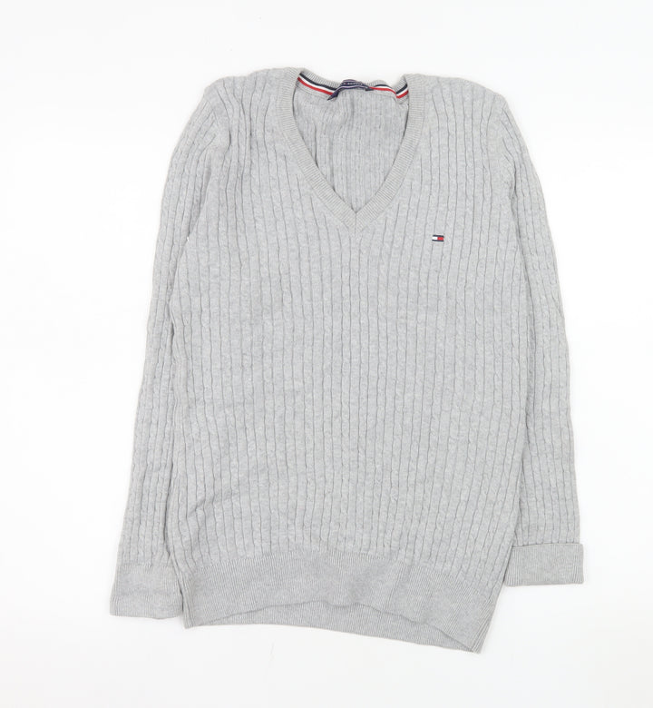 Tommy Hilfiger Men’s Grey XL V-Neck Cable Knit Cotton Jumper