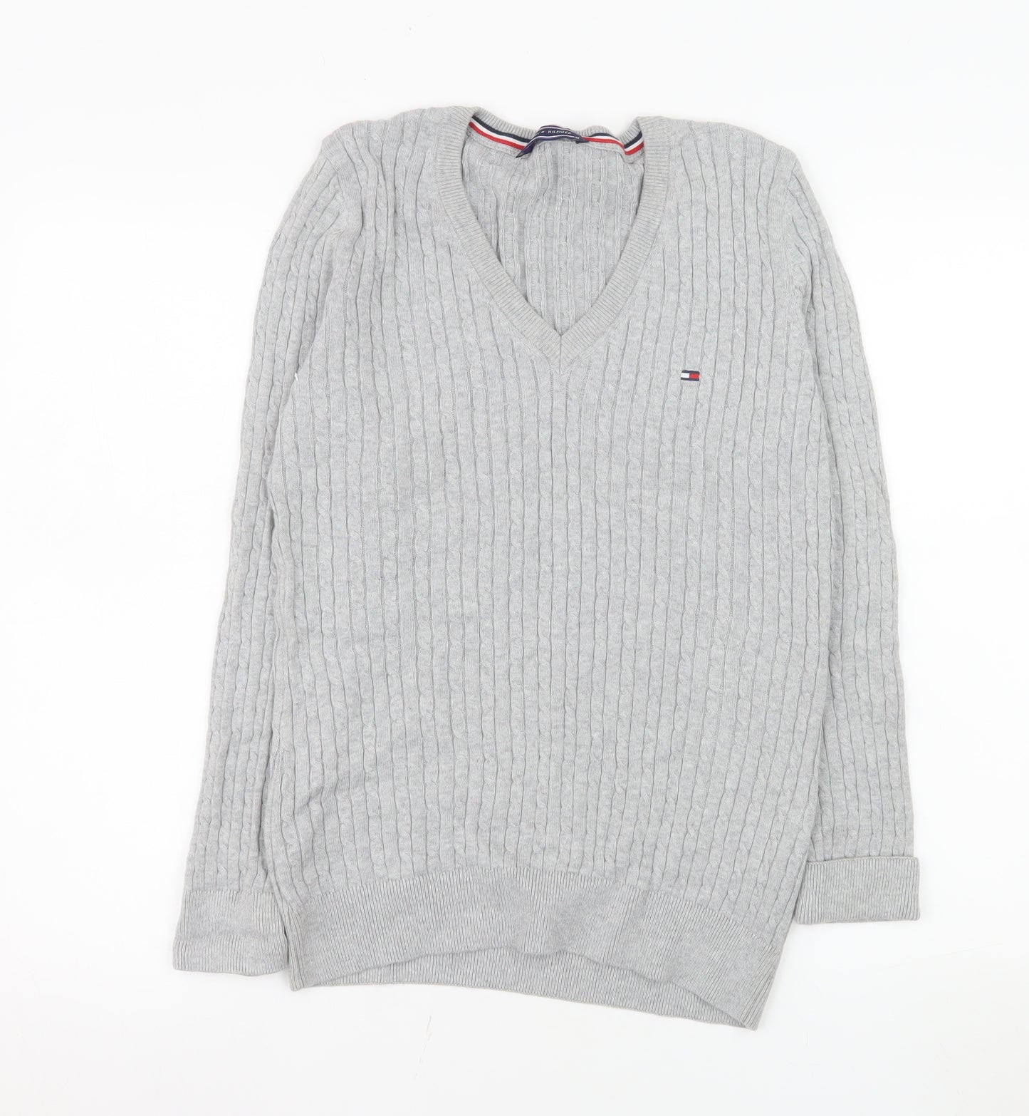 Tommy Hilfiger Men’s Grey XL V-Neck Cable Knit Cotton Jumper