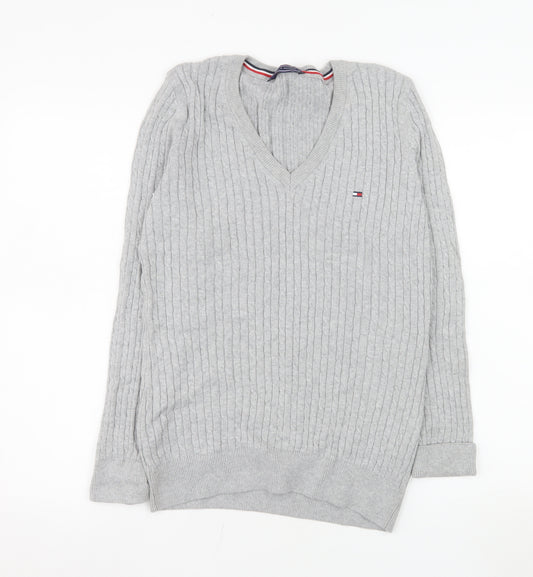 Tommy Hilfiger Men’s Grey XL V-Neck Cable Knit Cotton Jumper