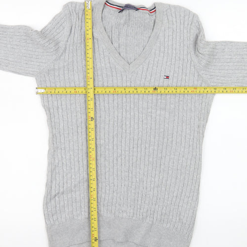 Tommy Hilfiger Men’s Grey XL V-Neck Cable Knit Cotton Jumper