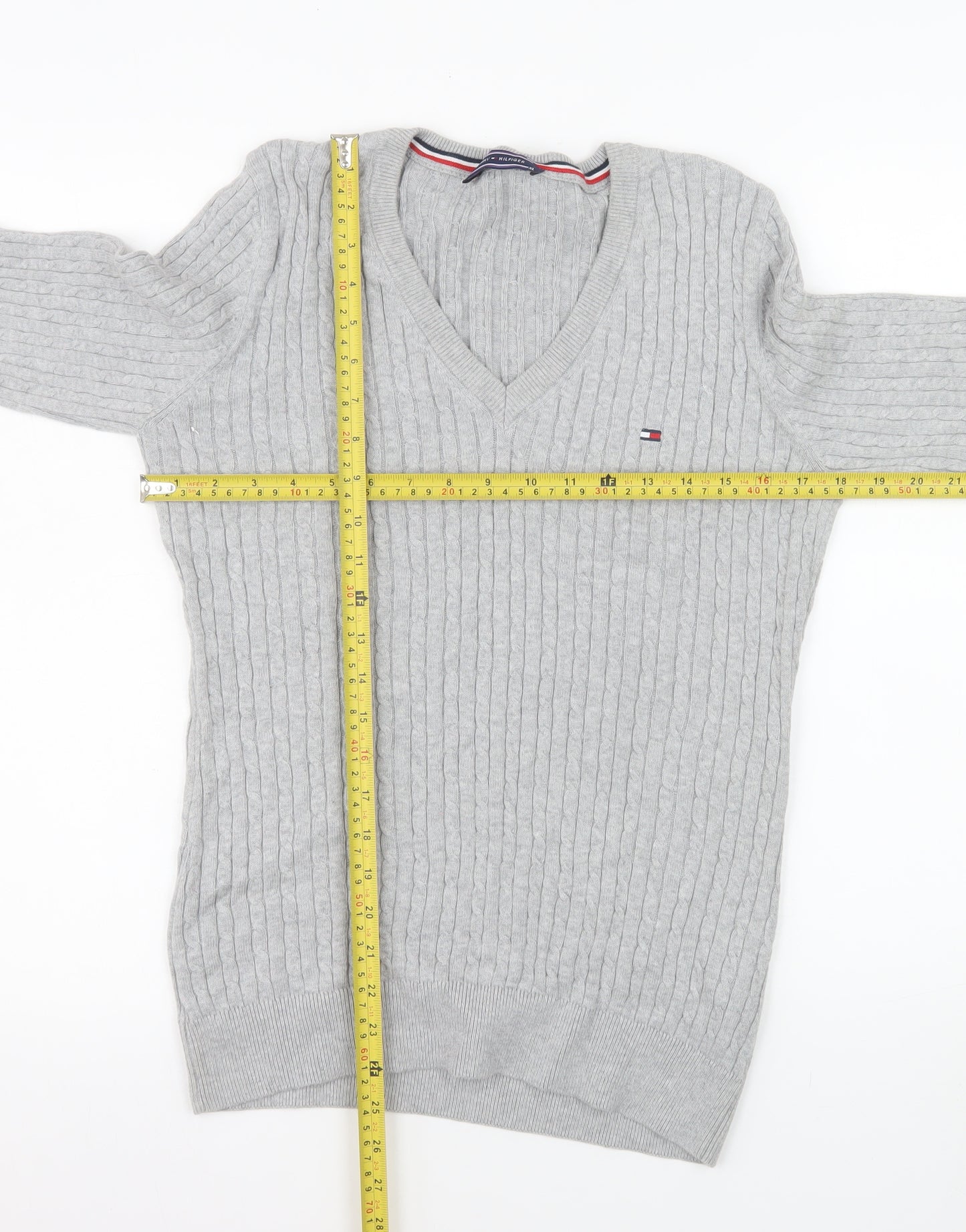 Tommy Hilfiger Men’s Grey XL V-Neck Cable Knit Cotton Jumper