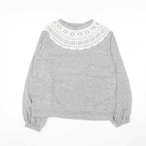 Dorothy Perkins Women Grey Lace Crew Neck Long Sleeve Jumper UK 10