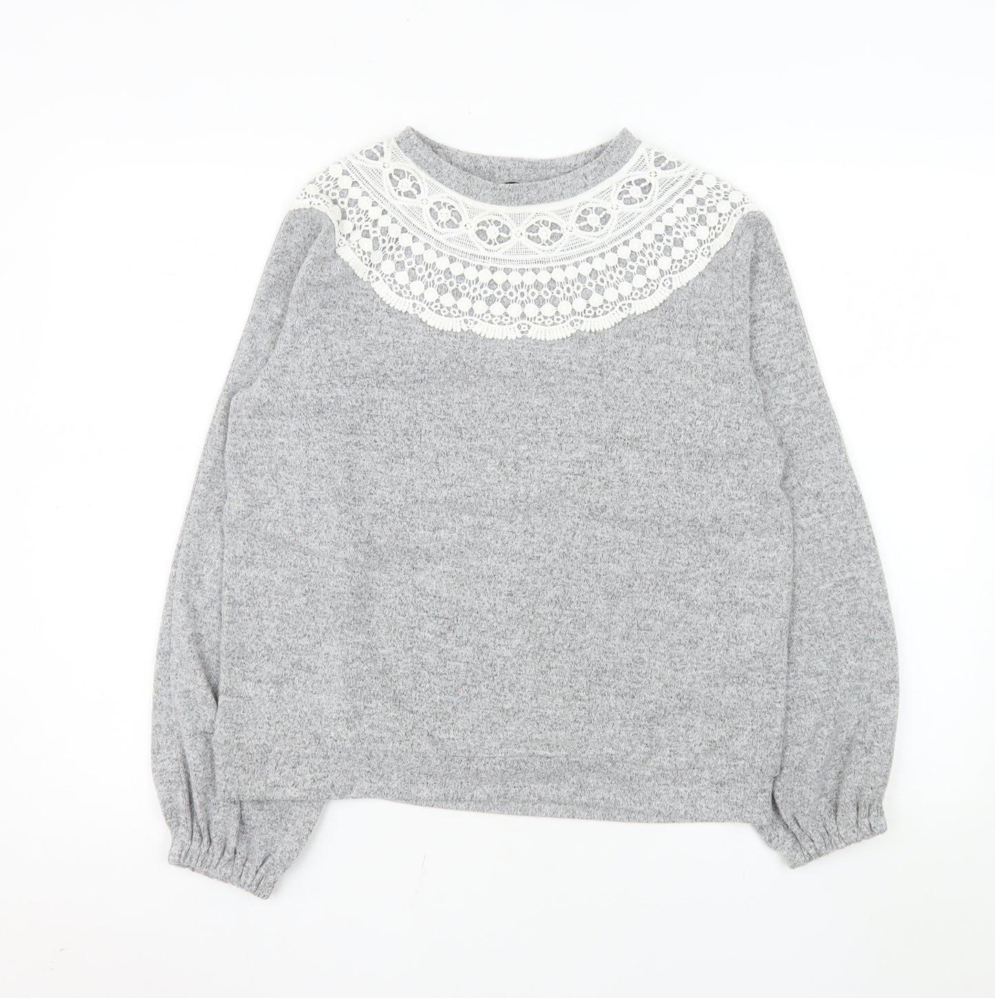 Dorothy Perkins Women Grey Lace Crew Neck Long Sleeve Jumper UK 10