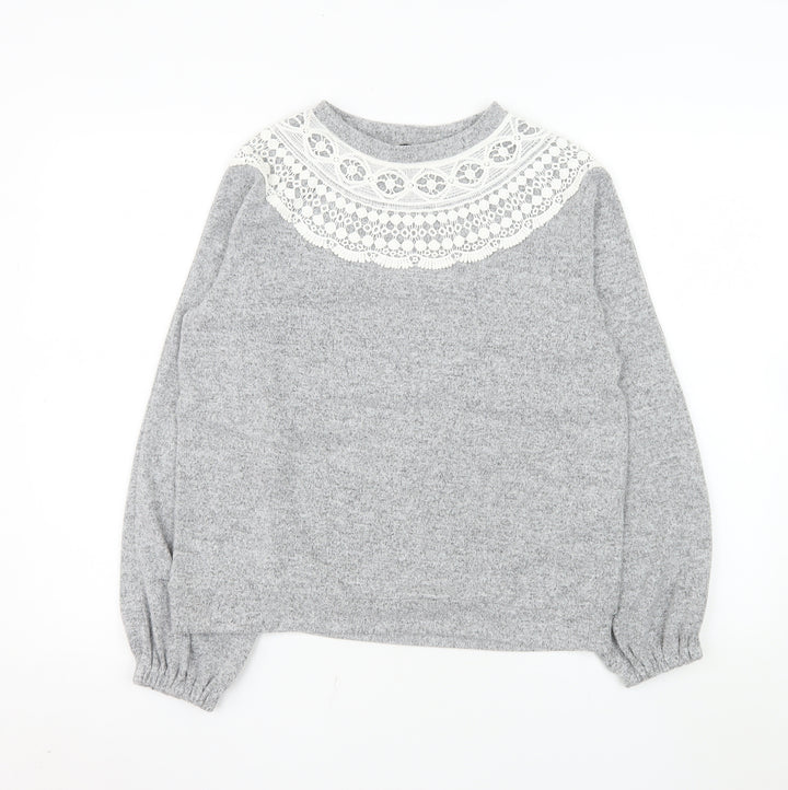 Dorothy Perkins Women Grey Lace Crew Neck Long Sleeve Jumper UK 10