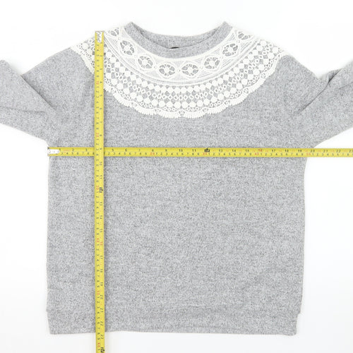 Dorothy Perkins Women Grey Lace Crew Neck Long Sleeve Jumper UK 10