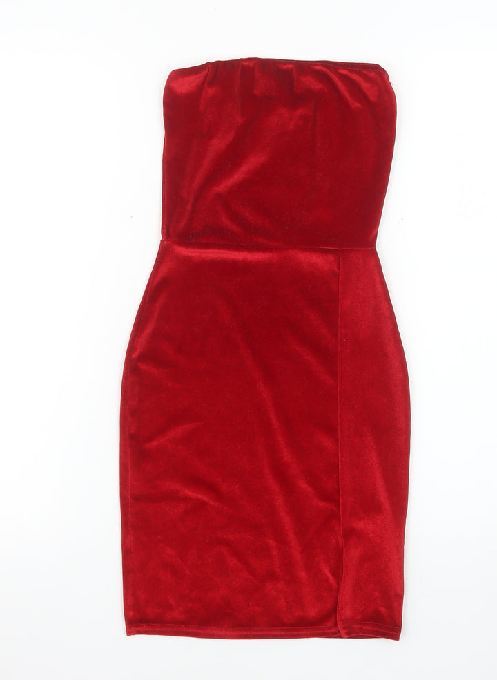 PrettyLittleThing Women’s Red Velvet Strapless Bodycon Dress Size 4