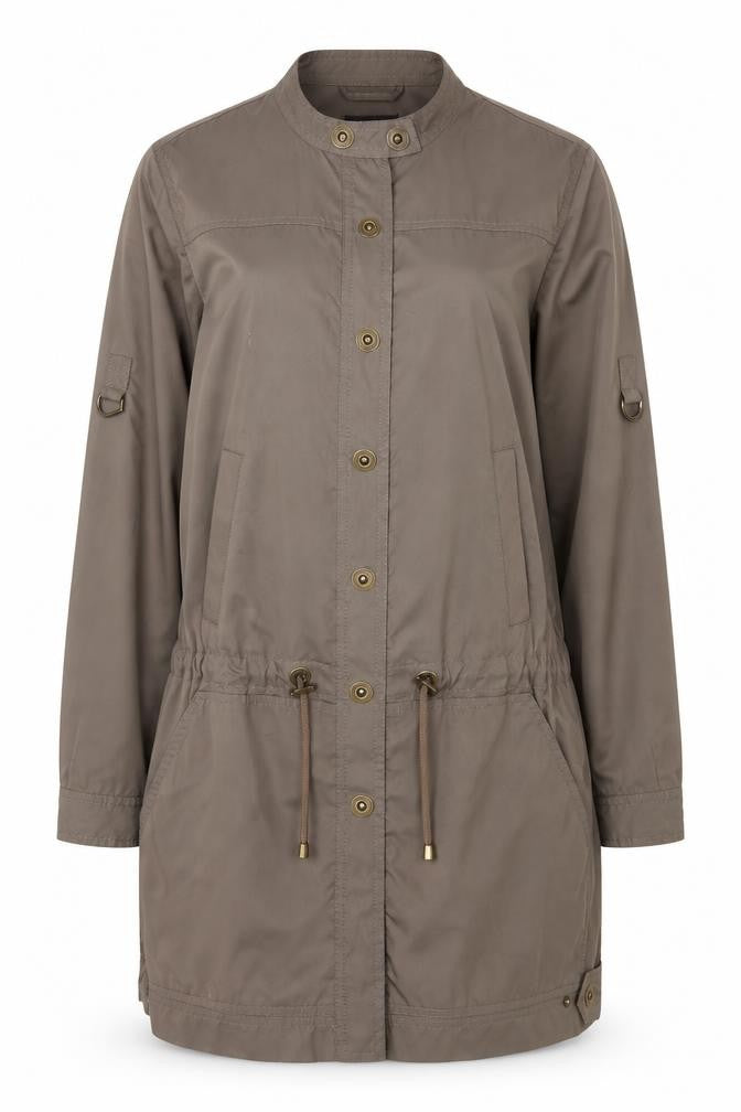 Front view of Principles women’s brown long parka coat, size UK 12, lightweight