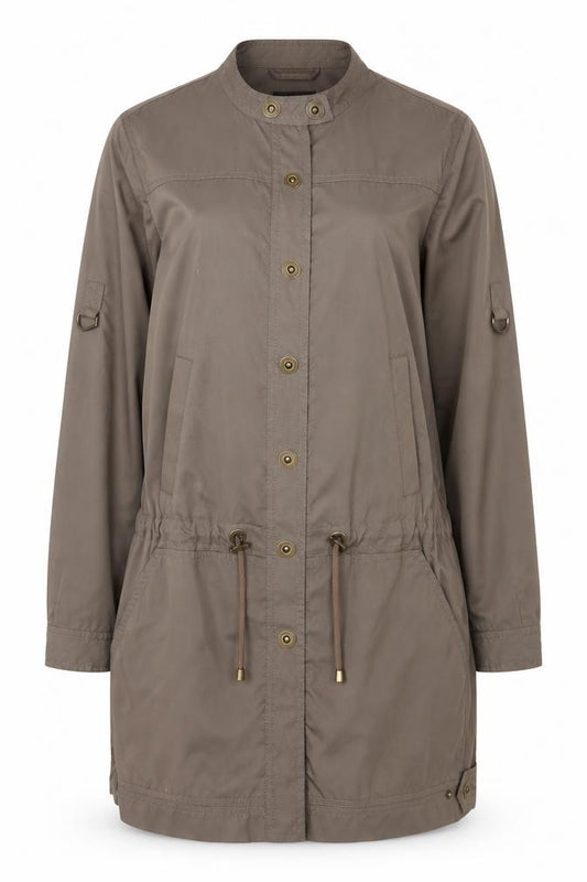 Front view of Principles women’s brown long parka coat, size UK 12, lightweight