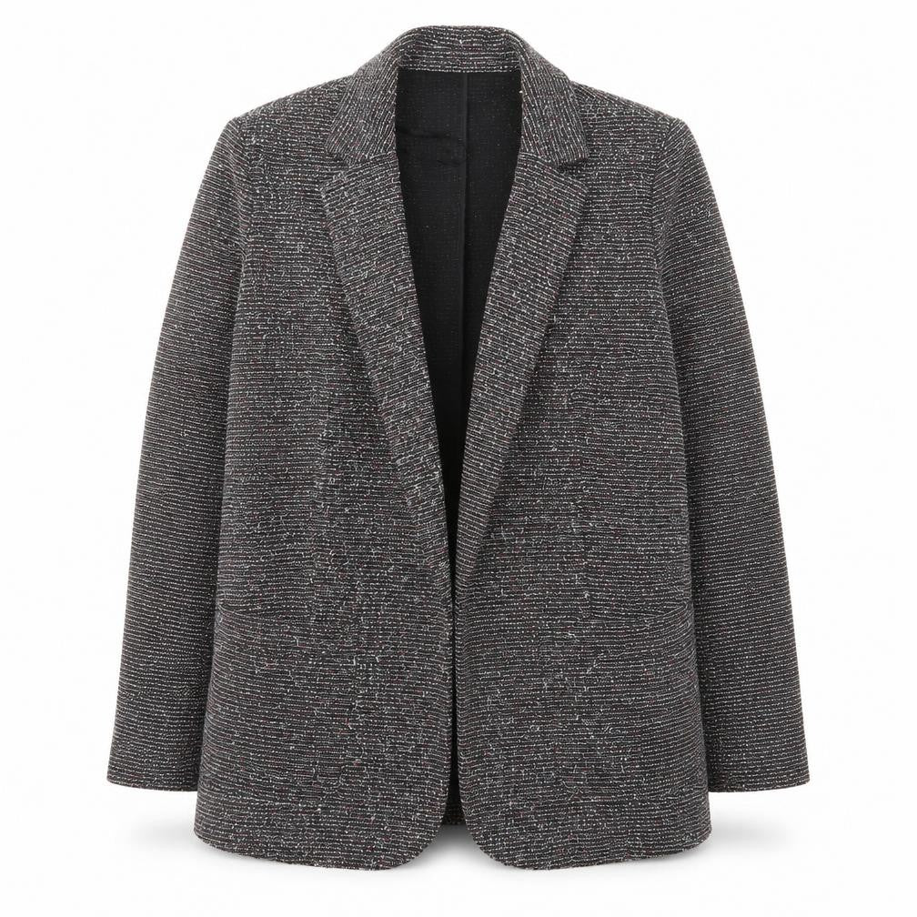 Front view of Marks & Spencer Women Black Tweed Long Blazer Jacket, size 16