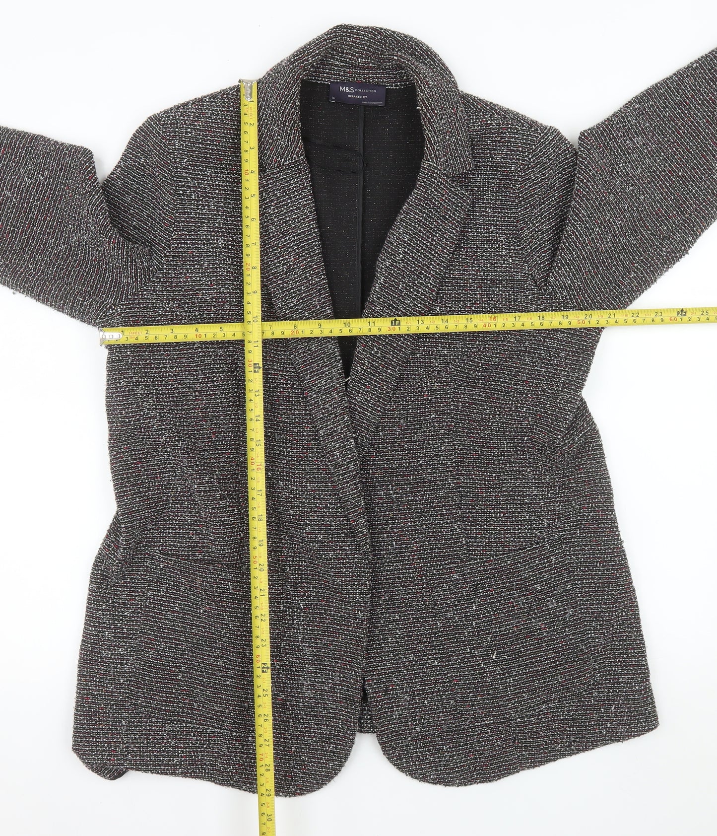 Marks and Spencer Women Black Tweed Long Blazer Jacket Size 16