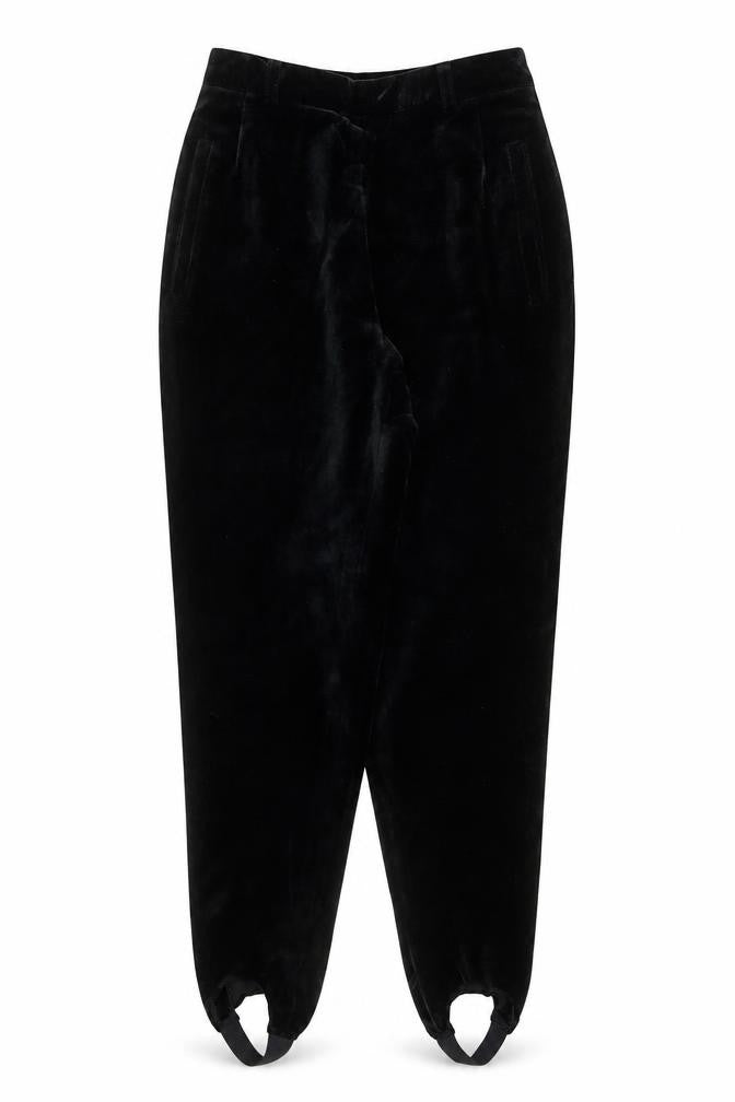 Front view of Pseudonyms women’s black velvet stirrup leggings, size UK 10, vintage