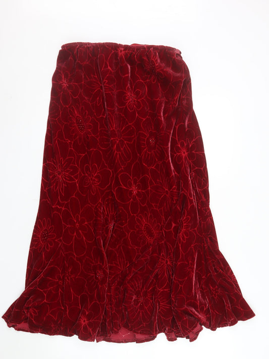 Country Casuals Women's Red Velvet Floral Flared Midi Skirt L
