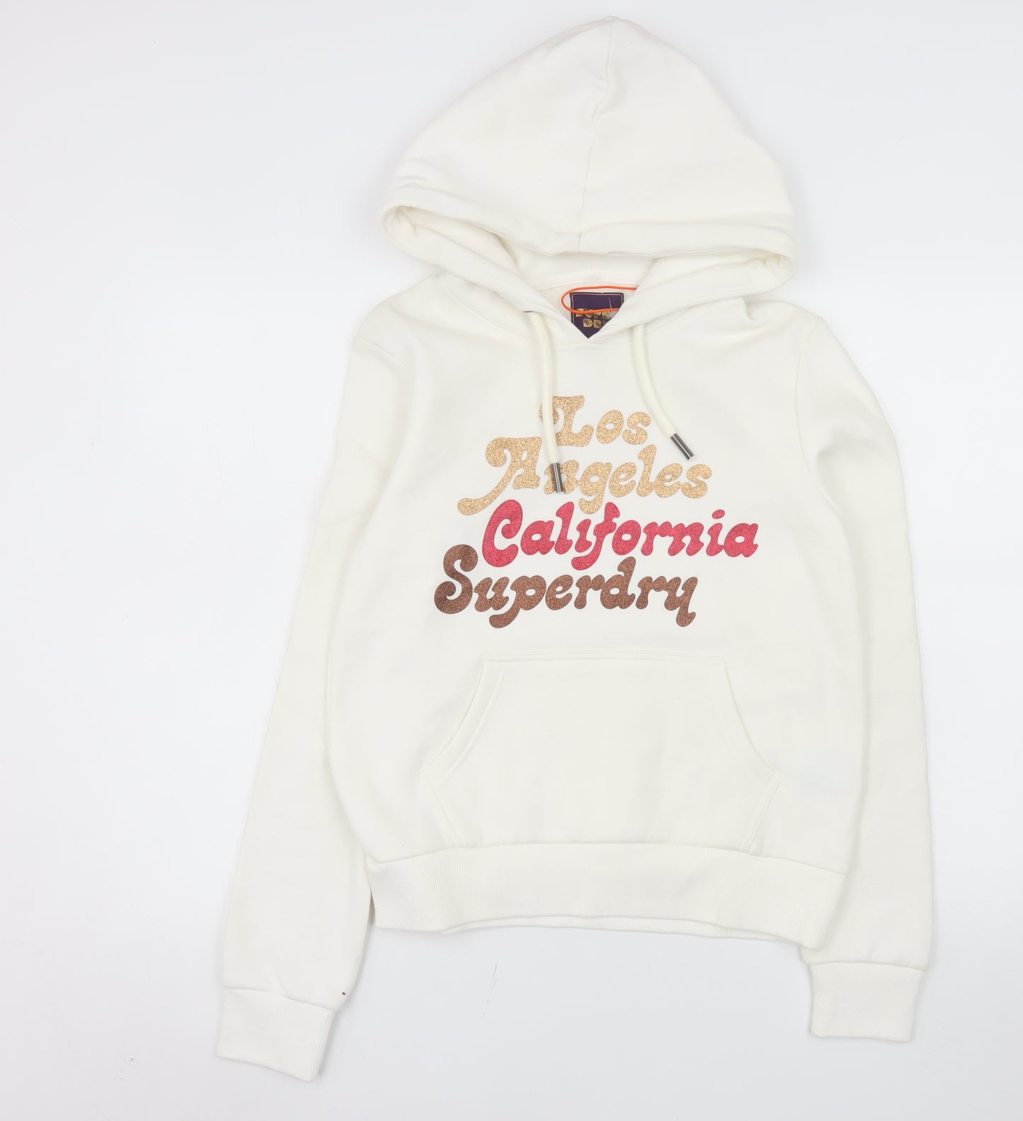 Superdry Womens Ivory Hoodie UK 8 Los Angeles California Glitter Print