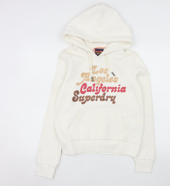 Superdry Womens Ivory Hoodie UK 8 Los Angeles California Glitter Print